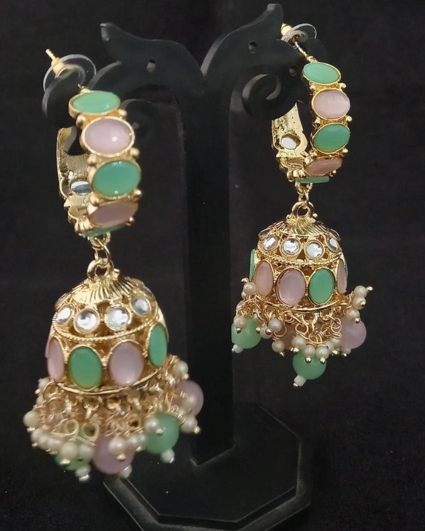 Women's Pink Green CZ Monalisa Stones Pearl Jhumki Earrings Set - EVY