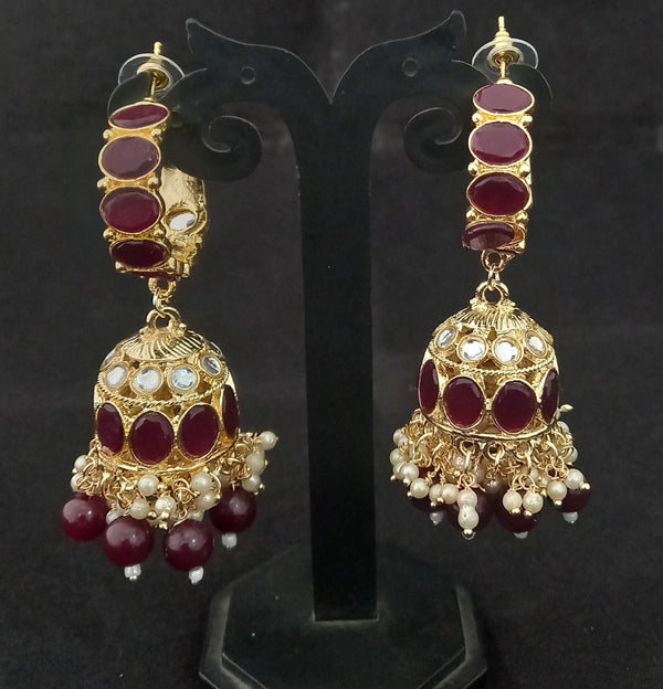 Women's Maroon CZ Monalisa Stones Pearl Jhumki Earrings Set - EVY