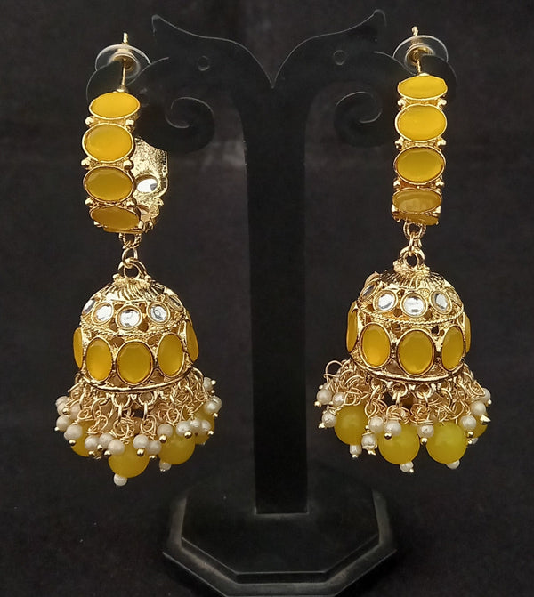 Women's Yellow CZ Monalisa Stones Pearl Jhumki Earrings Set - EVY