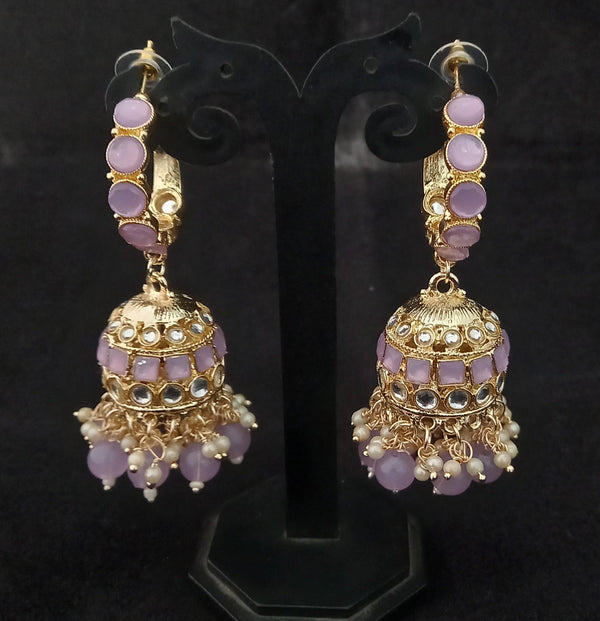 Women's Purple Round CZ Monalisa Stones Pearl Designer Jhumki Earrings Set - EVY