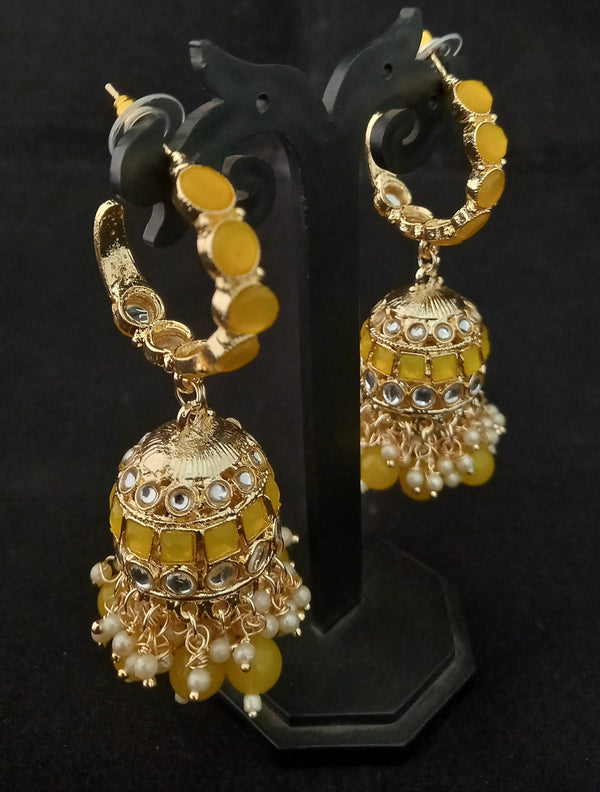 Women's Yellow Round CZ Monalisa Stones Pearl Designer Jhumki Earrings Set - EVY