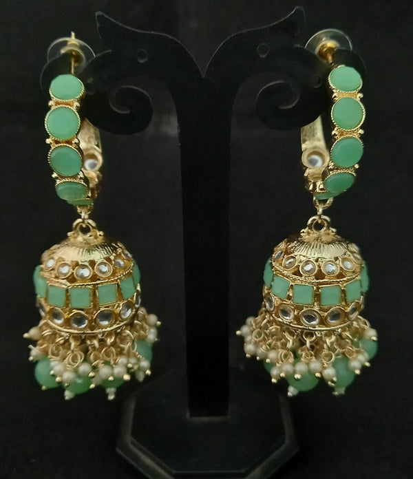 Women's Mint Green Round CZ Monalisa Stones Pearl Designer Jhumki Earrings Set - EVY