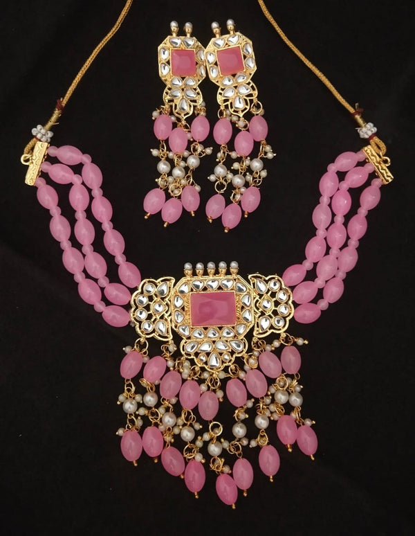 Women's Premium Quality CZ Monalisa Glass Pink Pearls Pachi kundan Choker Jewellery Set - EVY