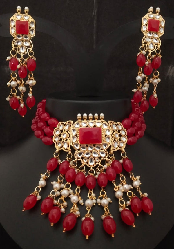 Women's Premium Quality CZ Monalisa Glass Red Pearls Pachi kundan Choker Jewellery Set - EVY