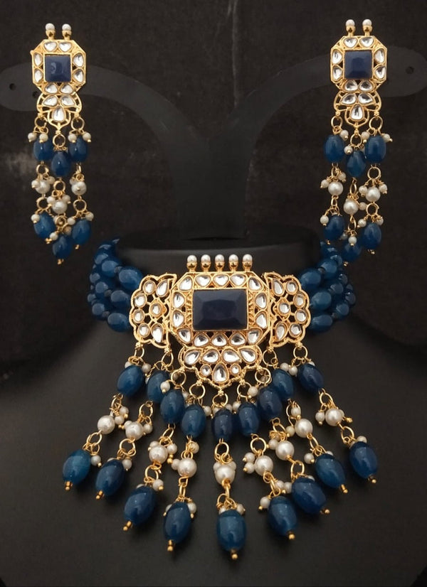 Women's Premium Quality CZ Monalisa Glass Blue Pearls Pachi kundan Choker Jewellery Set - EVY