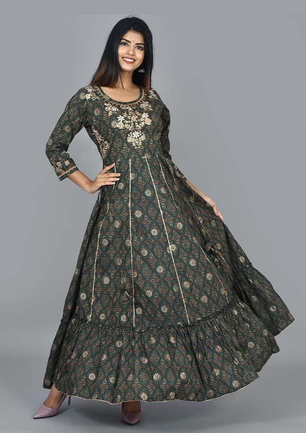 Green Printed Ethnic Gowns - Indiakreations