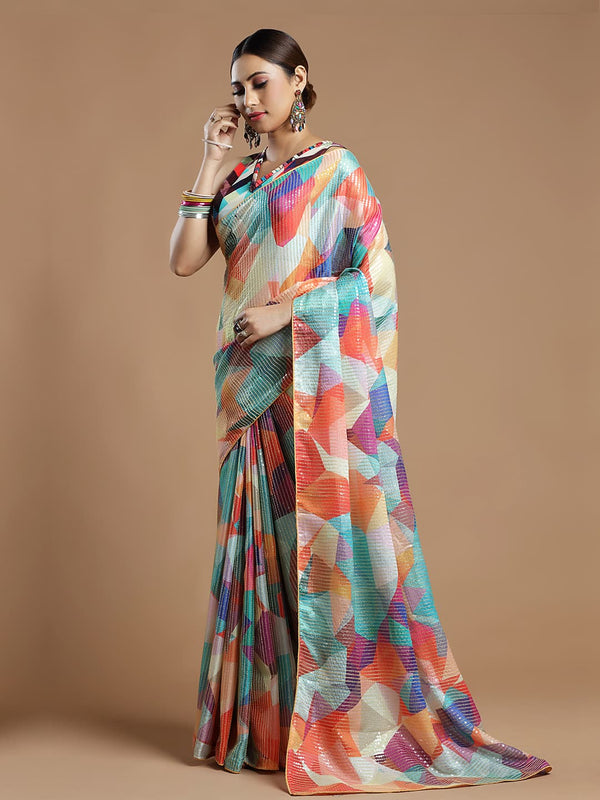 Abstract Yellow and Multicoloured Crepe Sequined Saree