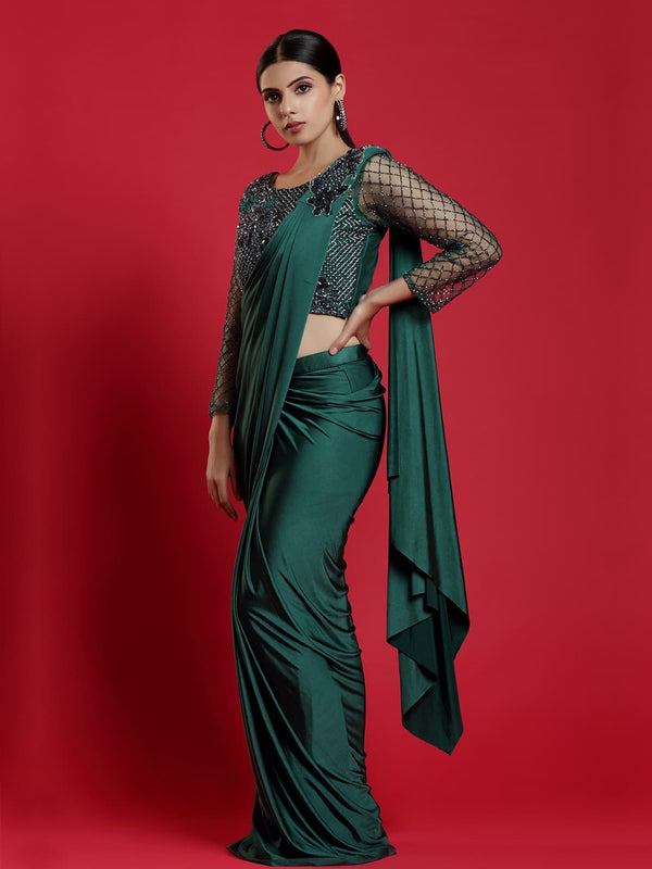 Beautiful Green Lyrca Saree with Designer Blouse