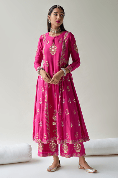 Chaand Rani Foil Rani pink Anarkali with palazzo and Dupatta - Set of 3 - Indiakreations