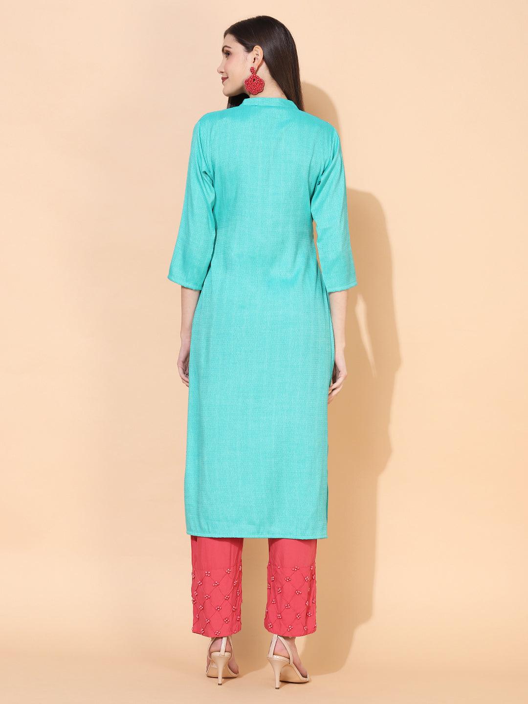 Ethnic Woven & Hand Embroidered Straight Fit Kurta – Green - Indiakreations