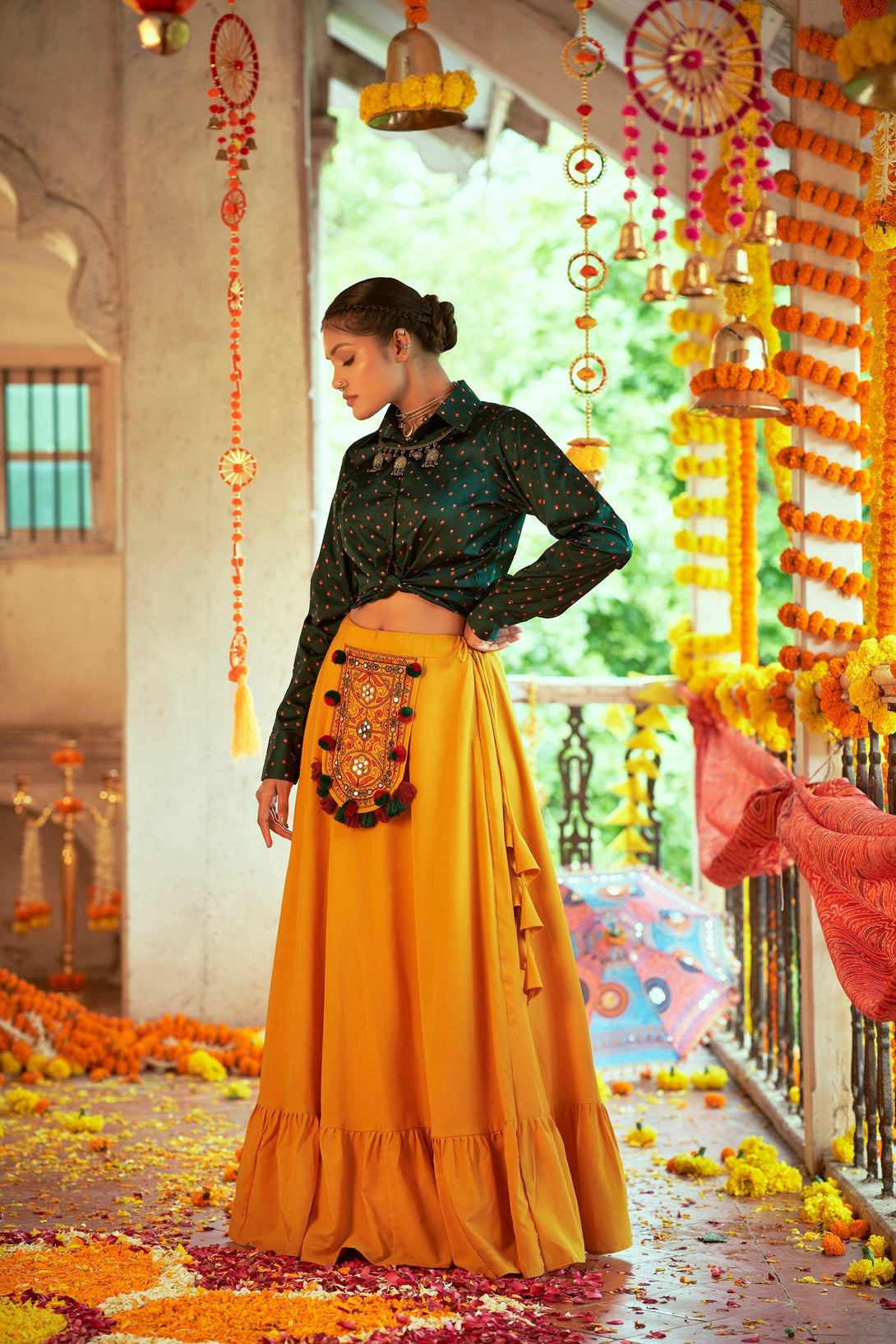Gorgeous Navratri Cotton Lehenga Choli in Mustered Yellow - Indiakreations