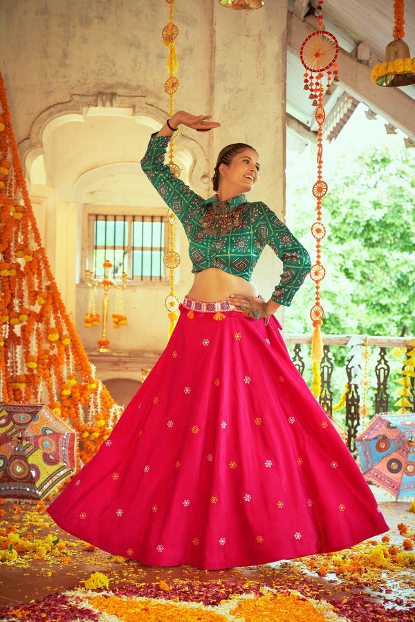 Art Silk Festive Lehenga Choli In Pink And Green - Indiakreations