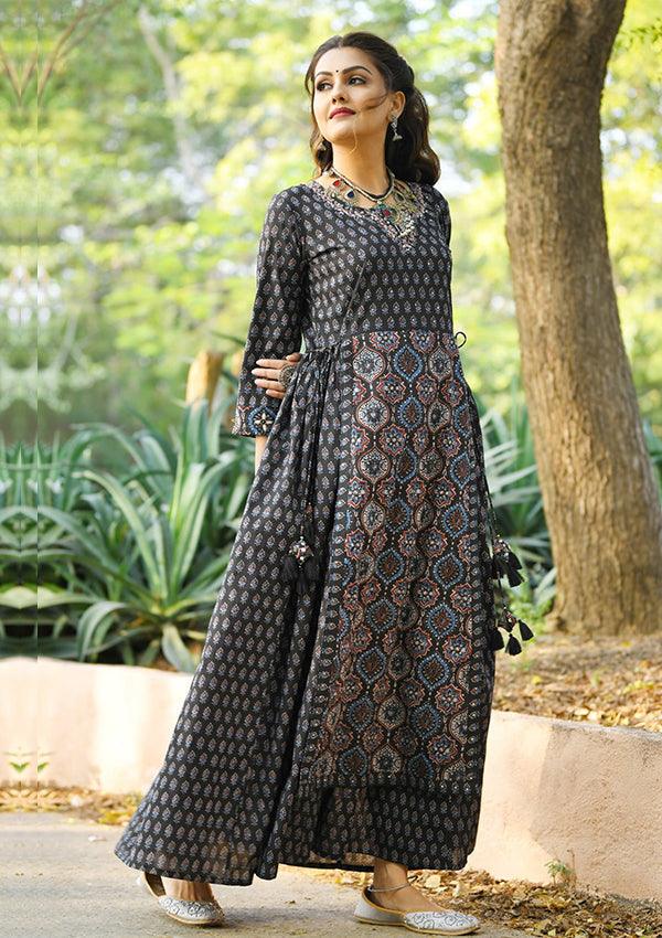 Blue Ajrak Print Gown - Indiakreations