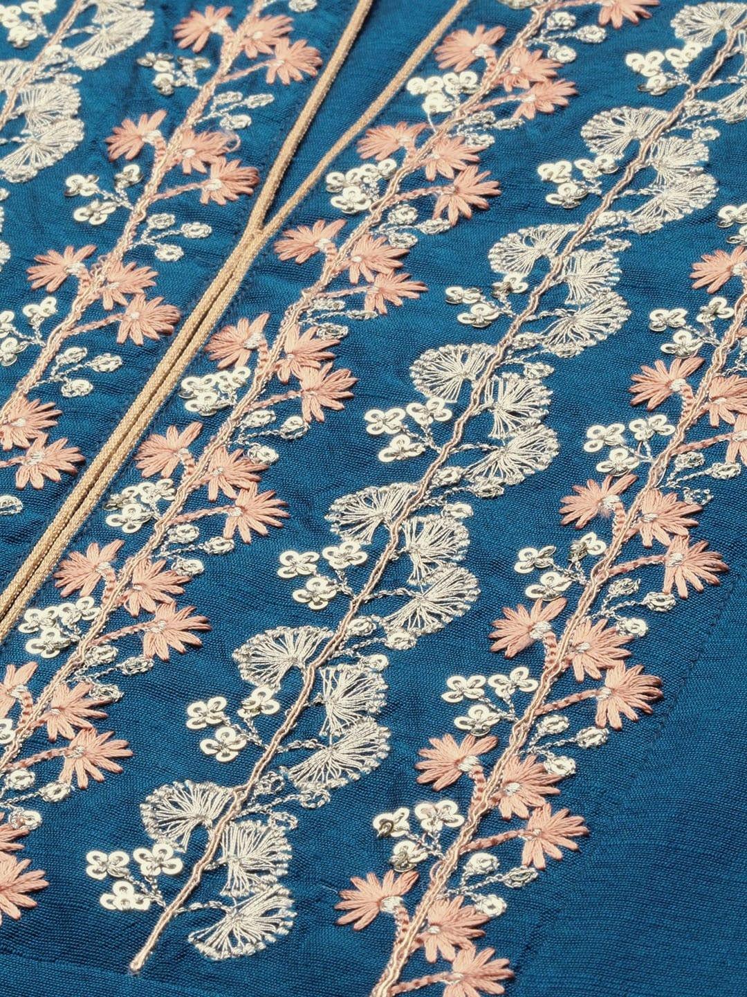 Teal Blue Embroidered A-Line Kurta - Indiakreations