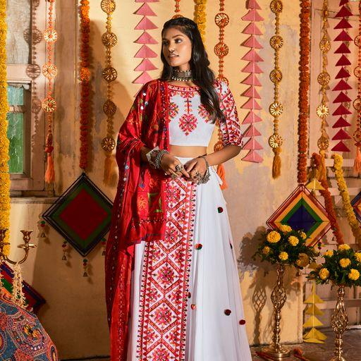 Navratri Special Designer Cotton Lehenga Choli In White And Red - Indiakreations