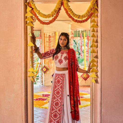 Navratri Special Designer Cotton Lehenga Choli In White And Red - Indiakreations