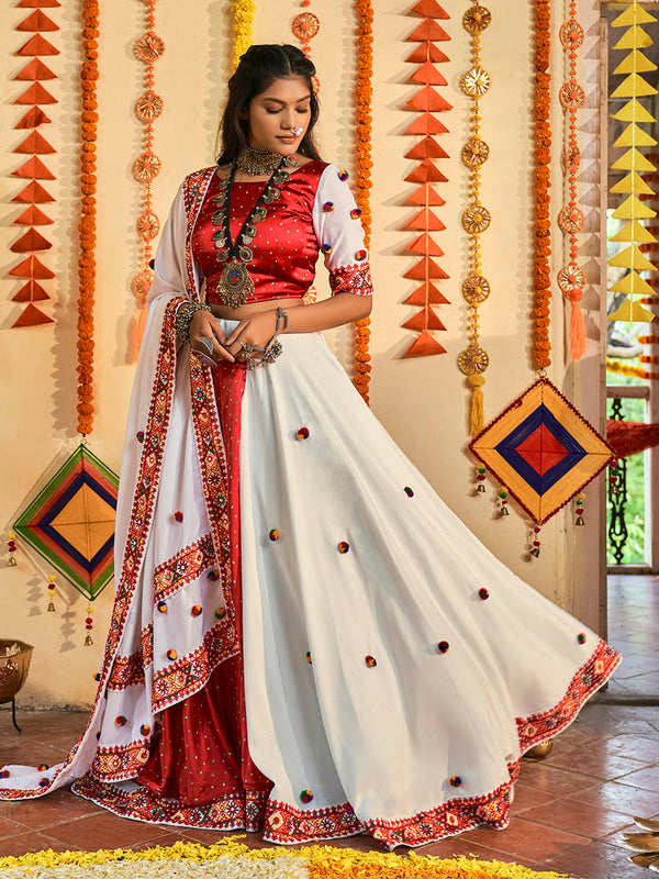 Women's White and Red Maslin Cotton Embroidered Navratri Special Lehenga - Myracouture