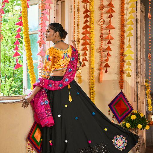 Black Embroidered Maslin Cotton Traditional Navratri Chaniya - Indiakreations