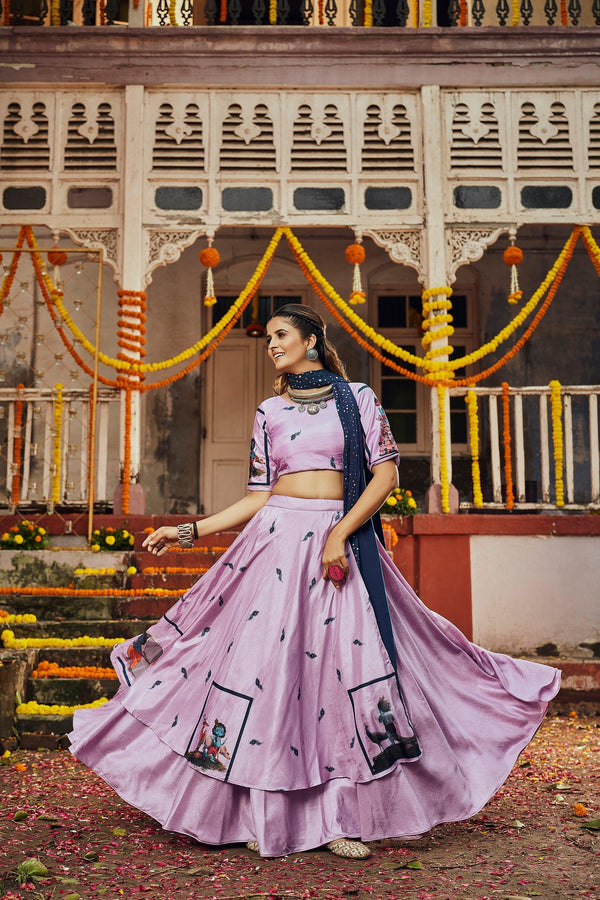 Stylish Digital Print Navratri Lehenga Choli In Dusty Pink - Indiakreations