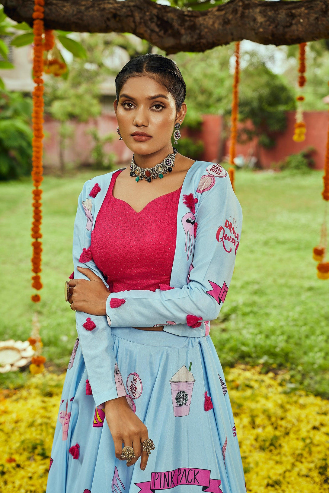 Digital Printed Festive Wear Jacket Lehenga Choli In Sky - Indiakreations