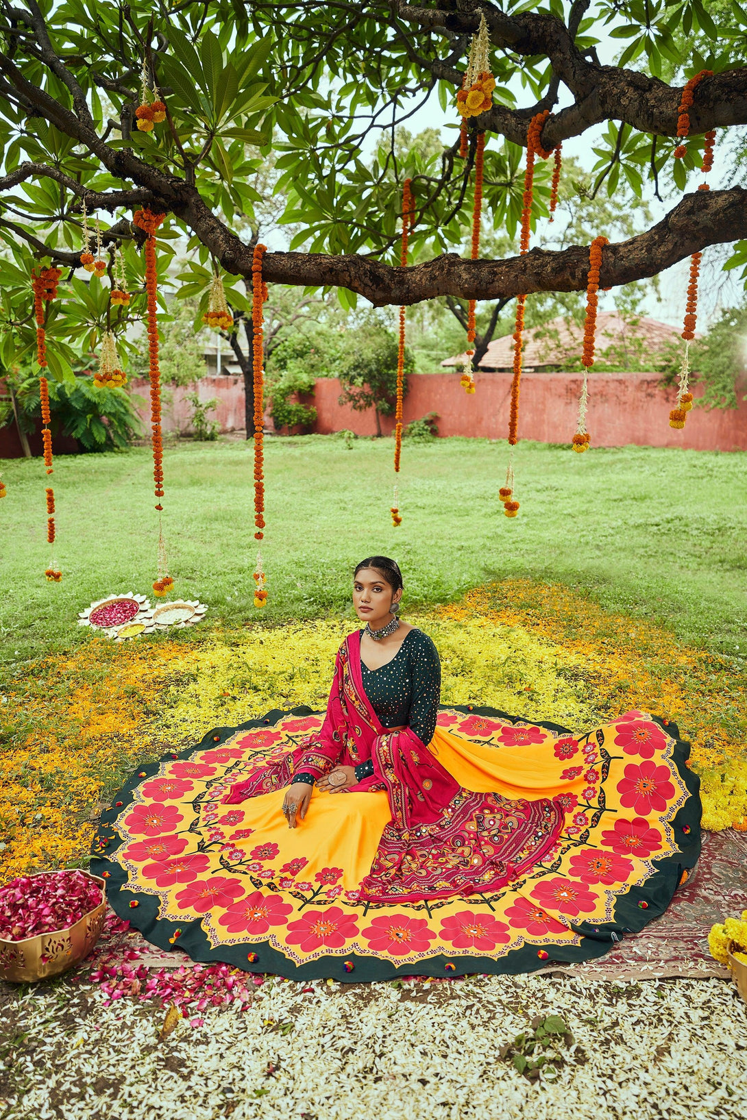 Digital Print Mirror Work Stylish Navratri Lehenga Choli In Yellow Green - Indiakreations