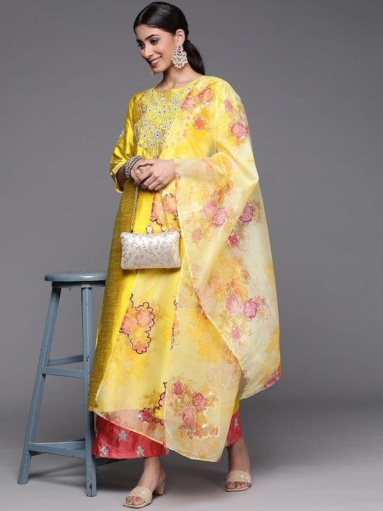 Varanga Women Mustard Yellow Floral Embroidered Kurta with Trousers & Dupatta - Indiakreations