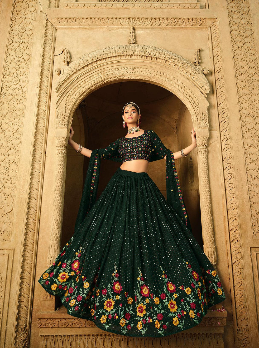 Latest Georgette Designer Lehenga Choli In Green - Indiakreations