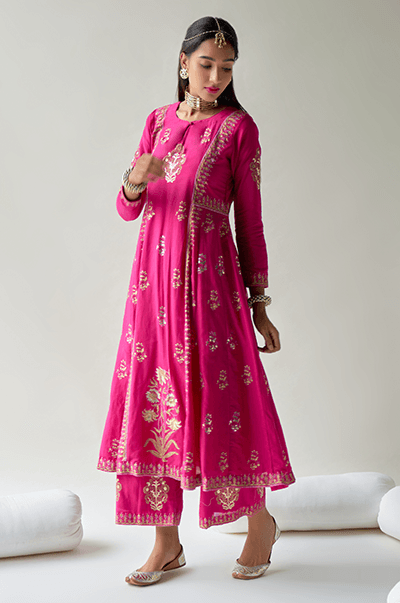 Chaand Rani Foil Rani pink Anarkali with palazzo and Dupatta - Set of 3 - Indiakreations