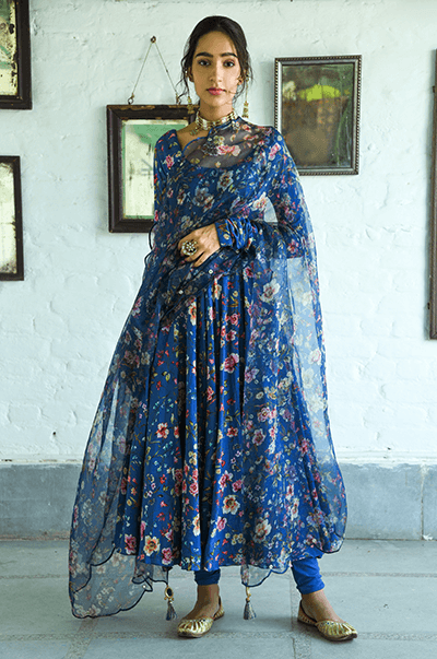 Bhanvara Persian Blue printed Anarkali with chooridar and dupatta - set of 3 RTS - Indiakreations