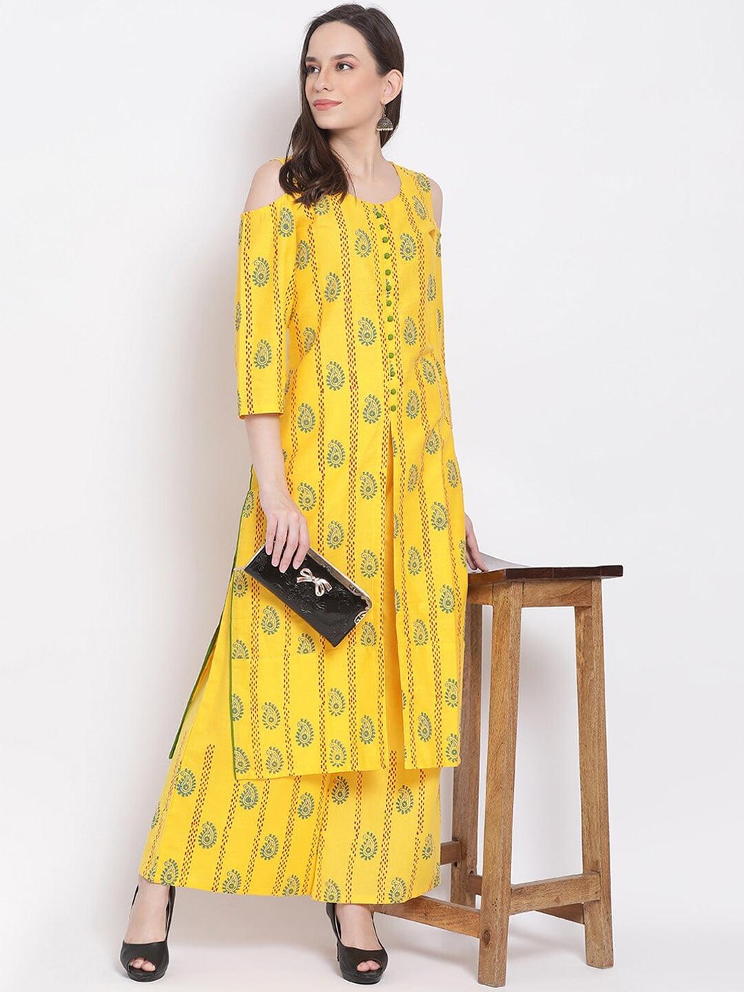 Women's Yellow Floral Embroidered Pleated Kurti With Sharara - Noz2Toz - Indiakreations