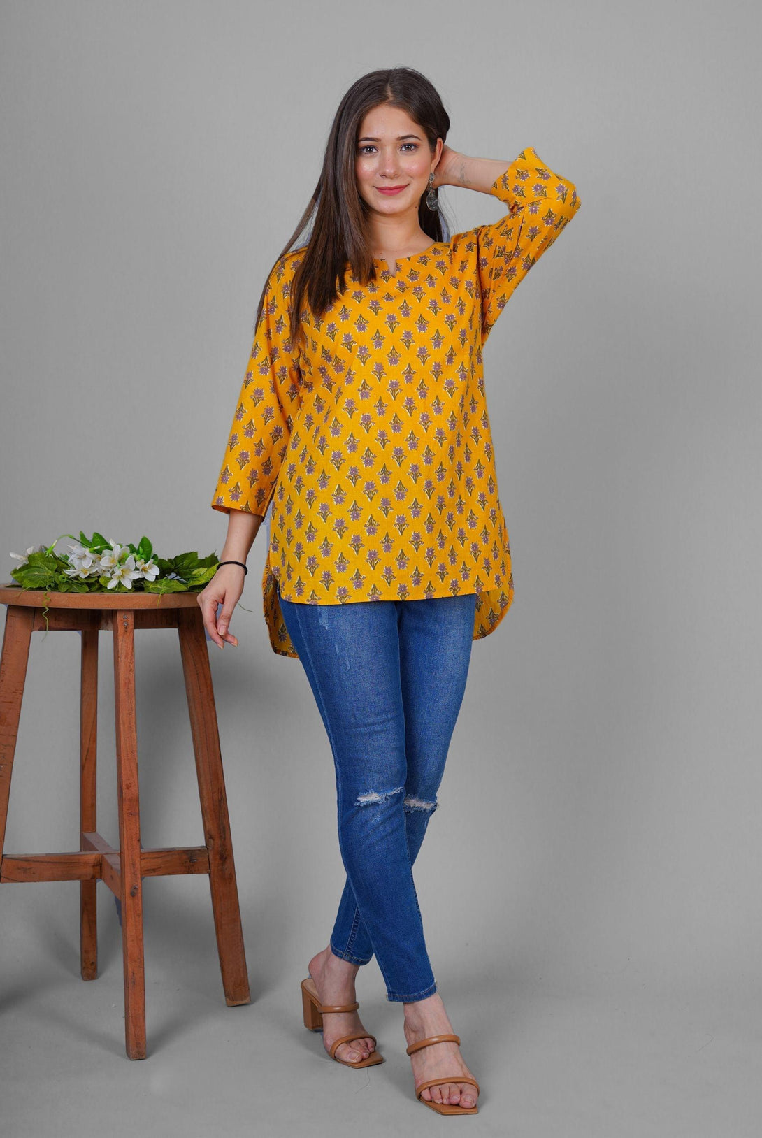 Women's Cotton Mustard Print Short Kurti - Noz2Toz - Indiakreations