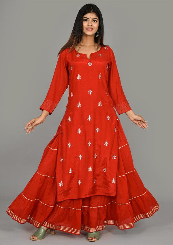 Red Soild Silk Kurta Sharara Set - Indiakreations