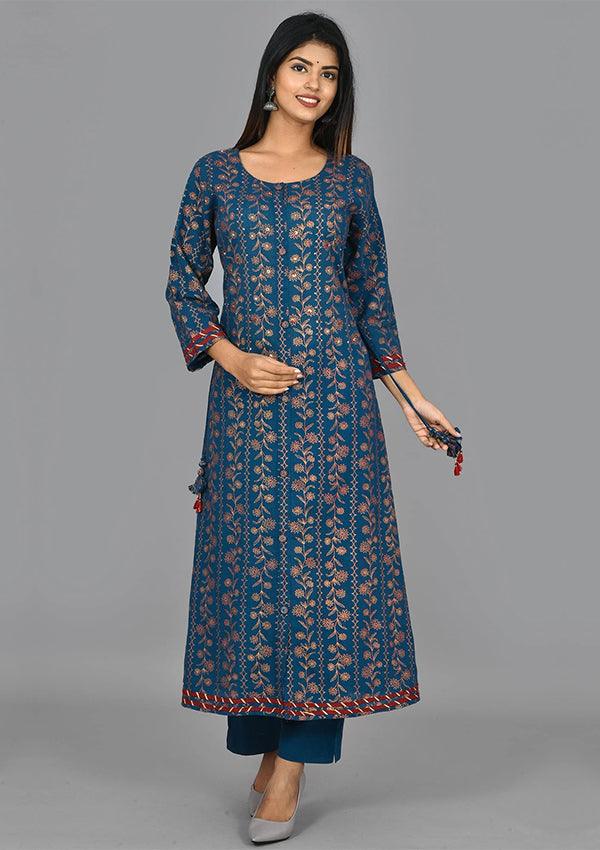 Blue Gold Print Long Kurta Pant Set - Indiakreations