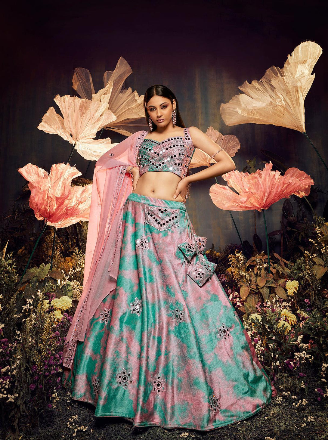 Velvet Sequins Sky Pink Designer Lehenga Choli - Indiakreations