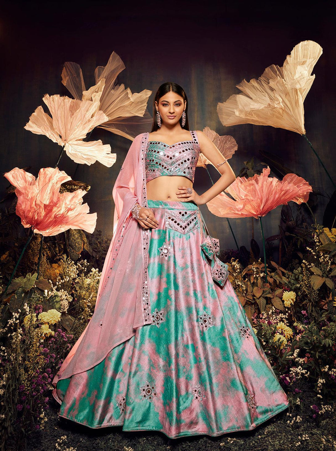 Velvet Sequins Sky Pink Designer Lehenga Choli - Indiakreations