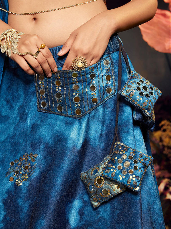 Amusing Blue Velvet Embroidered Trendy Lehenga Choli - Indiakreations