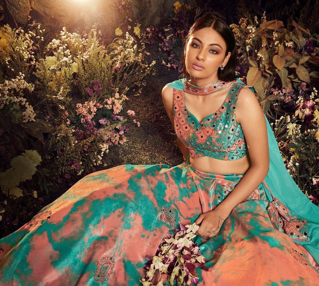 Beautiful Designer Wedding Wear Lehenga Choli In Turquoise Orange - Indiakreations