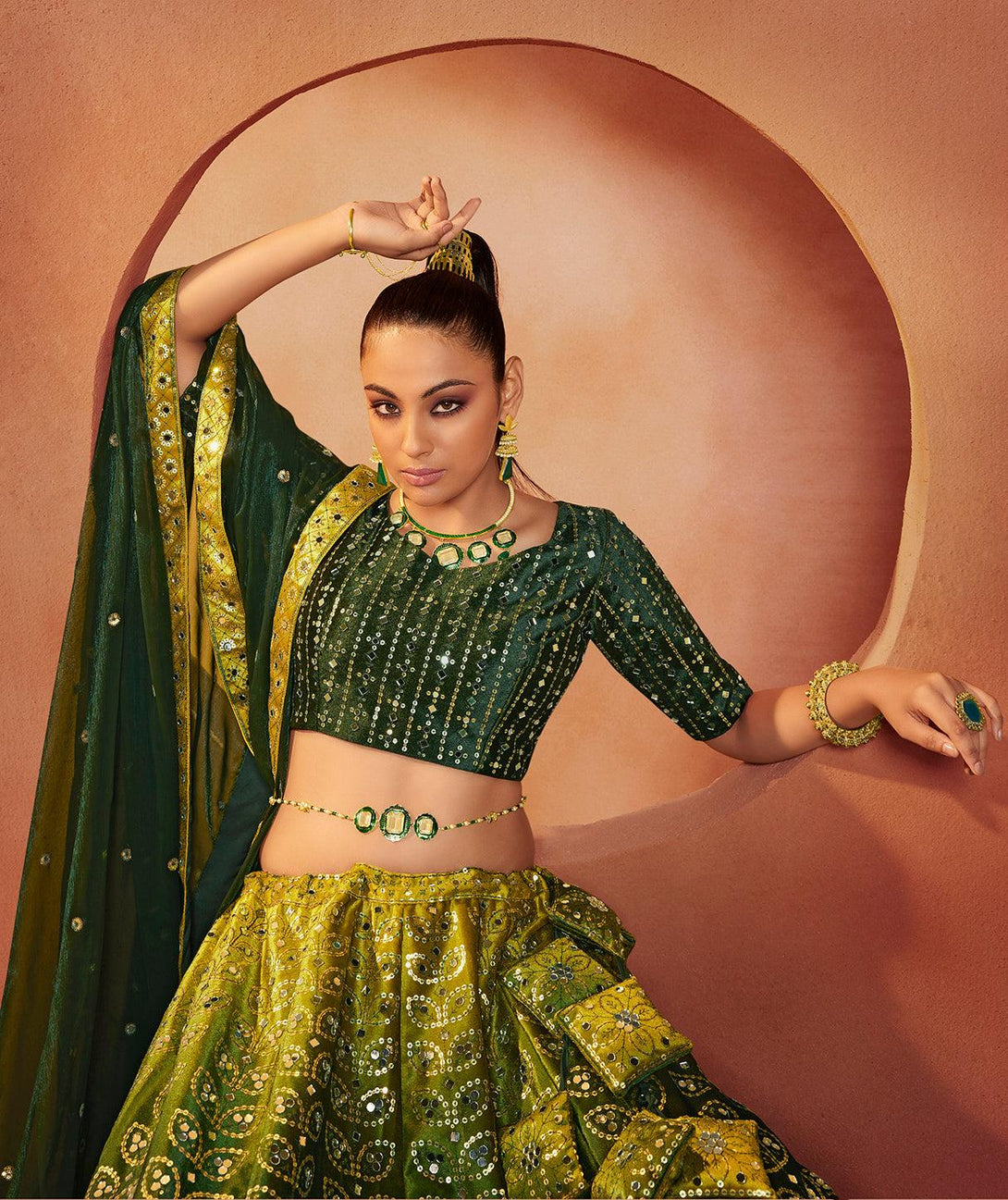 Beautiful Velvet Mirror Work Embroidered Lehenga Choli In Green - Indiakreations