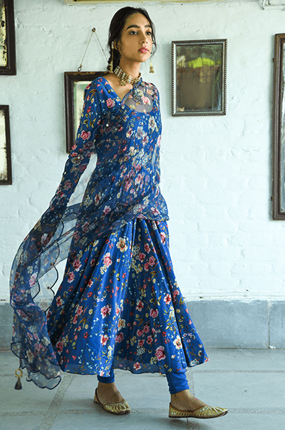 Bhanvara Persian Blue printed Anarkali with chooridar and dupatta - set of 3 RTS - Indiakreations