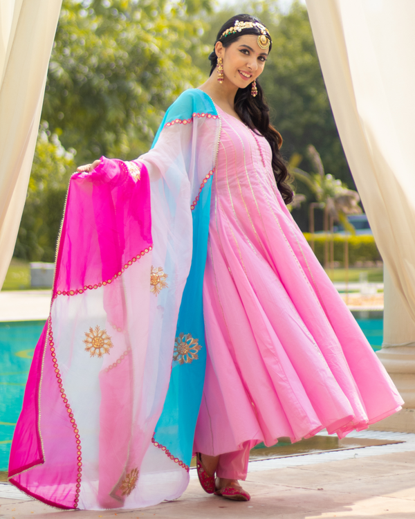 Strawberry Pink Gota Kalidar Anarkali Suit With Gota Potli | Relove