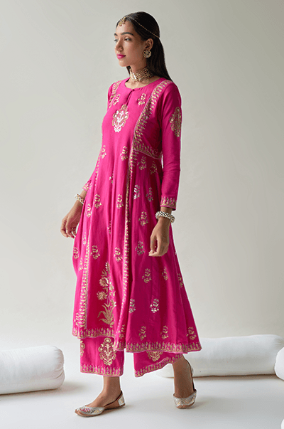 Chaand Rani Foil Rani pink Anarkali with palazzo and Dupatta - Set of 3 - Indiakreations