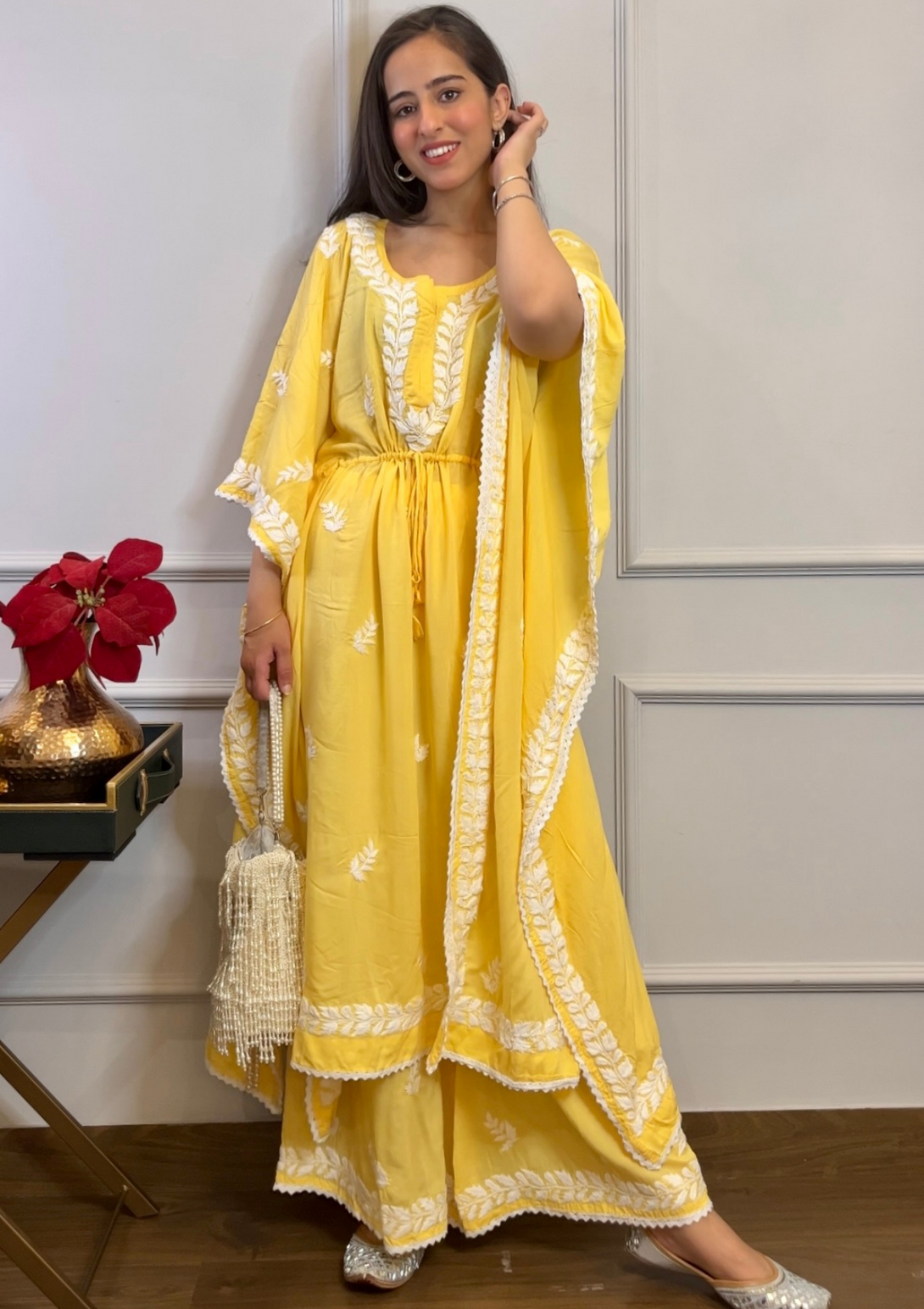 Afreen kaftan set with Chikankari embroidery and modal cotton in yellow  colour