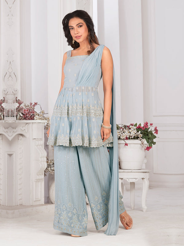 Beautiful Blue Georgette Kurti-Palazo Set By Suvidha