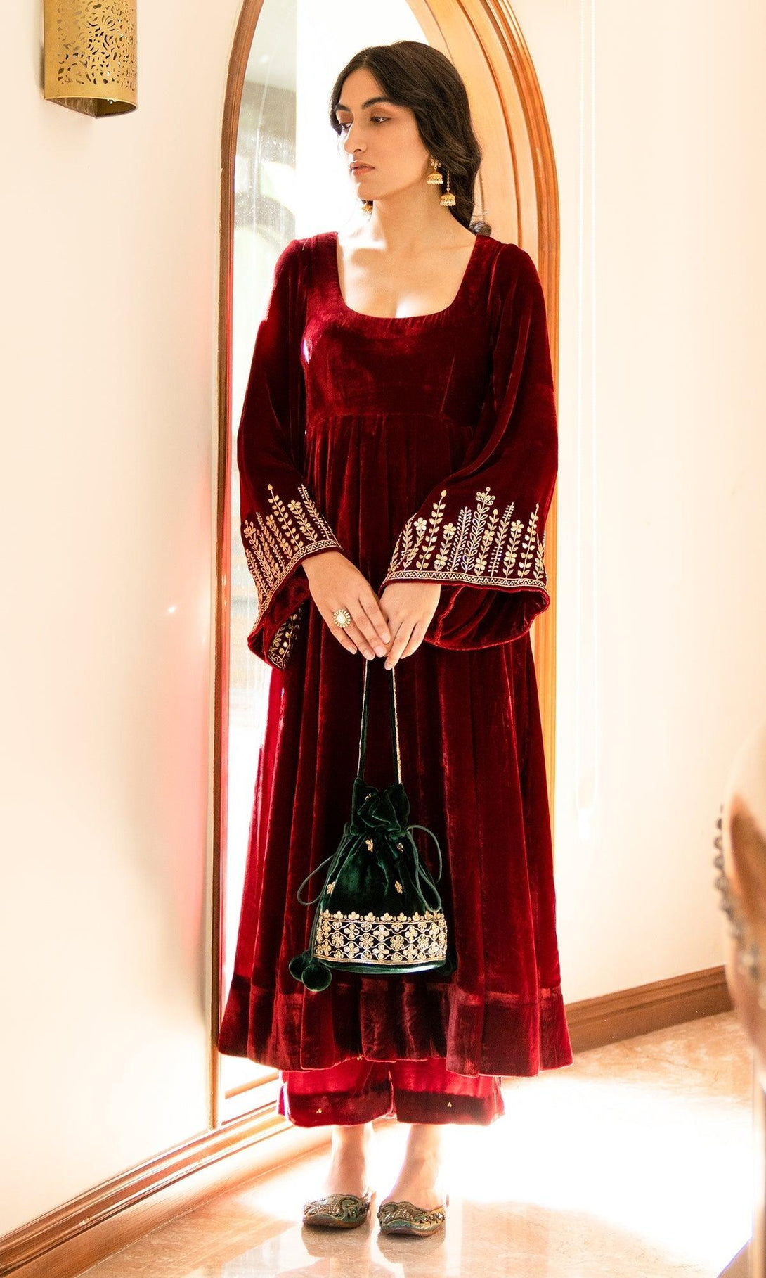 Bareen Embroidered - Red Velvet Anarkali With Palazzo And Organza velvet Dupatta - Set of 3 - RTS - Indiakreations