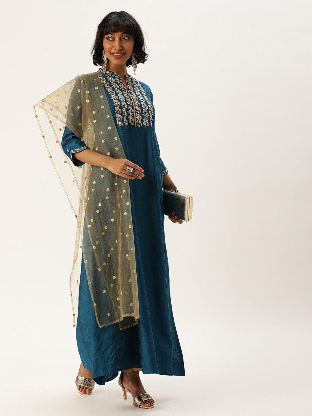 Teal Blue Embroidered A-Line Kurta - Indiakreations