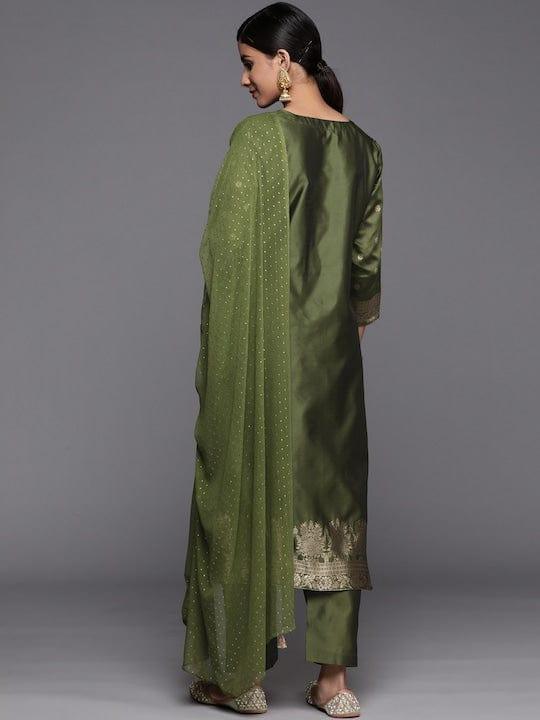 Varanga Women Olive Green Kurta with Trousers & With Dupatta - Indiakreations