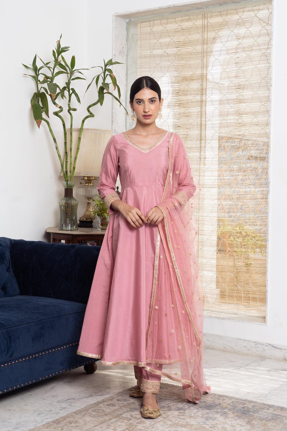 Khwabidah Baby Pink Anarkali Set of 3 - Indiakreations