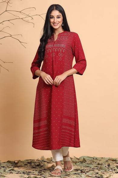 Maroon Rayon Slub Bandhani A-Line Kurta With Mask - Juniper