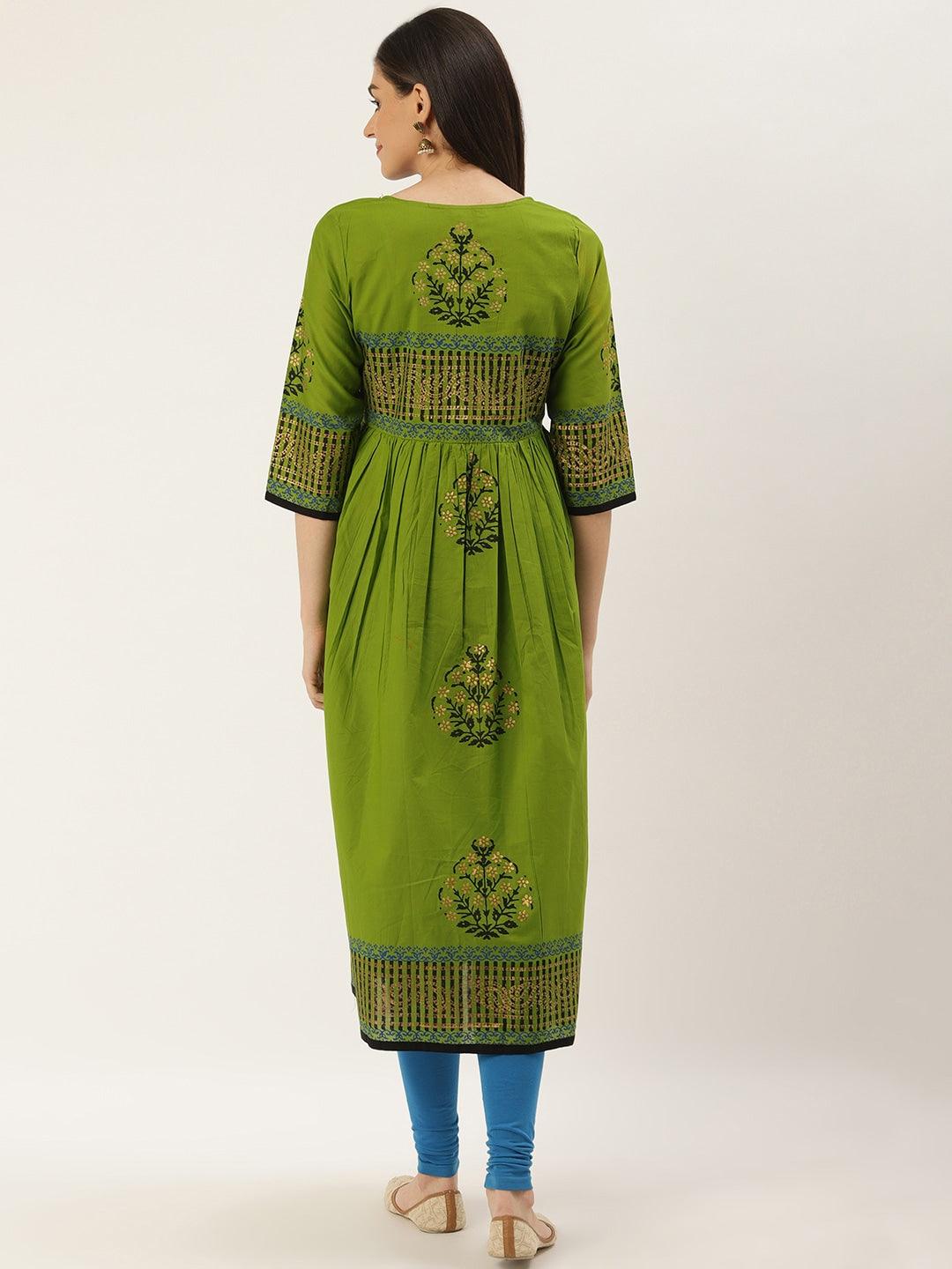 Women's Green & Black Block Print A-Line Kurta - Noz2Toz - Indiakreations