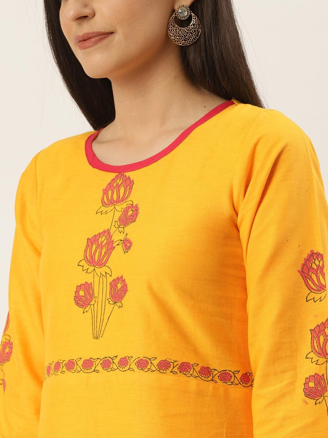 Women's Mustard Yellow & Pink Yoke Design A-Line Kurta - Noz2Toz - Indiakreations